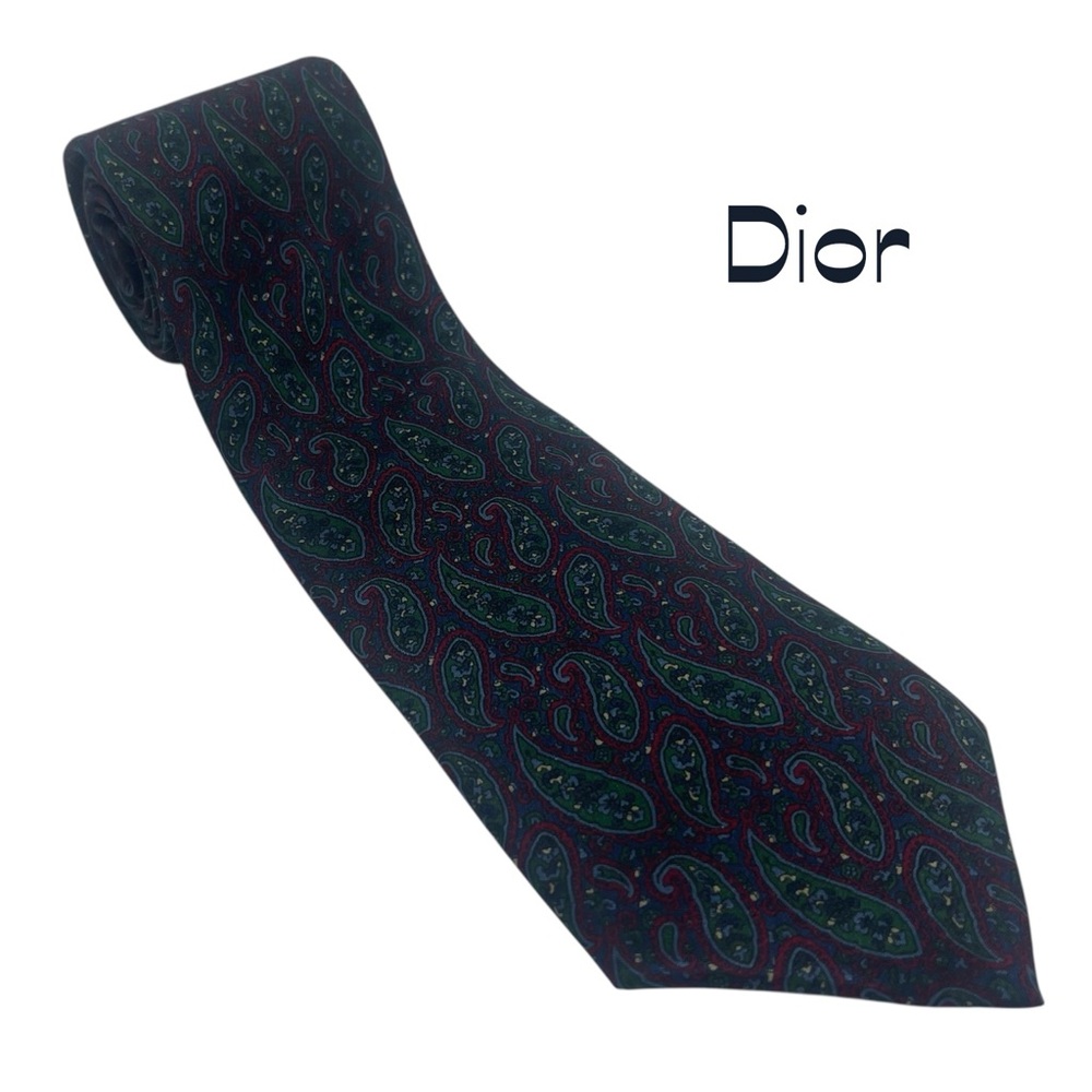 Christian Dior Burgundy Navy Green Paisley Italian Silk Necktie